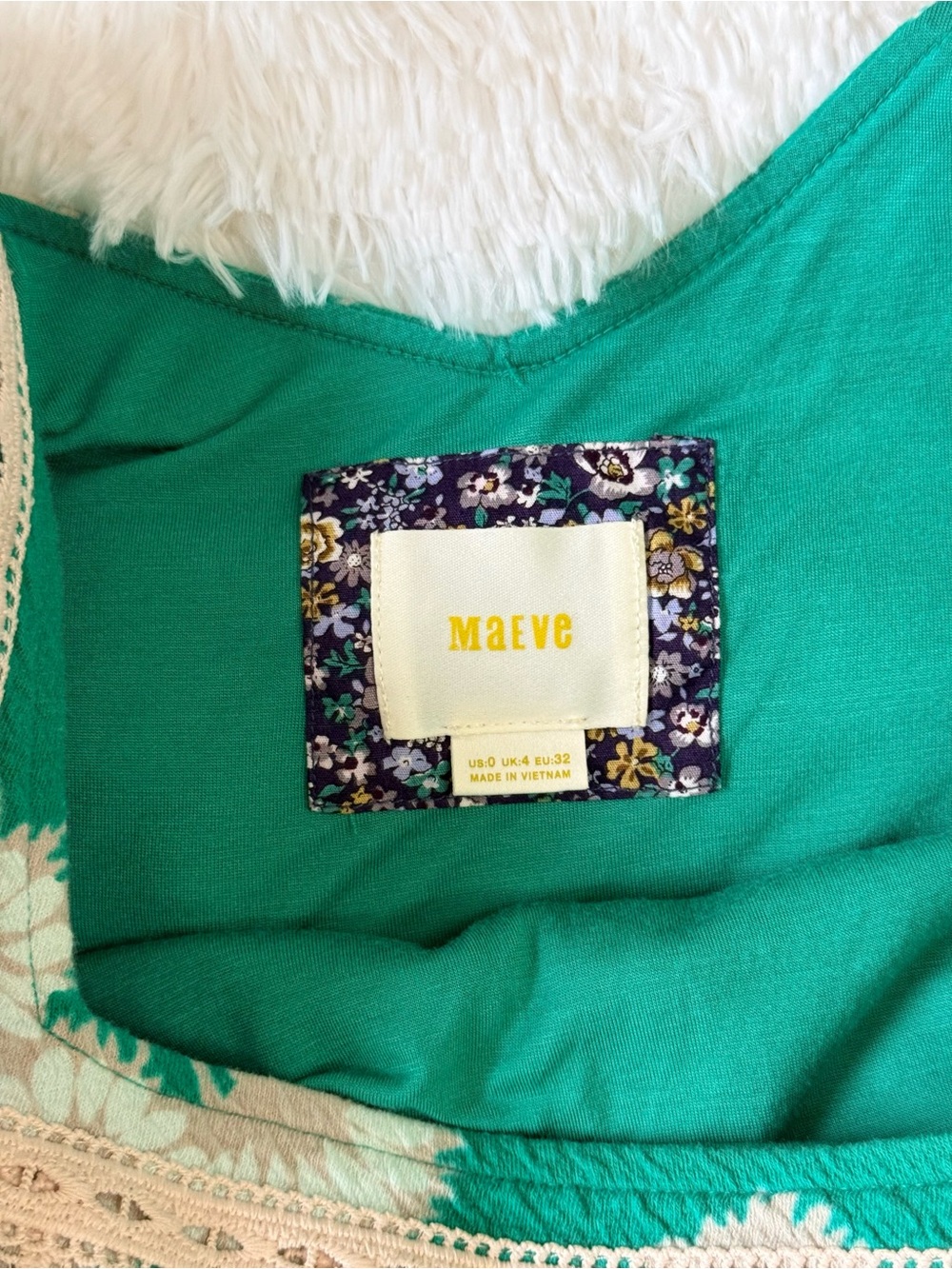 Anthropologie Maeve Green Floral Knit A-Line Dress with Cream Trim - Picture 3 of 4